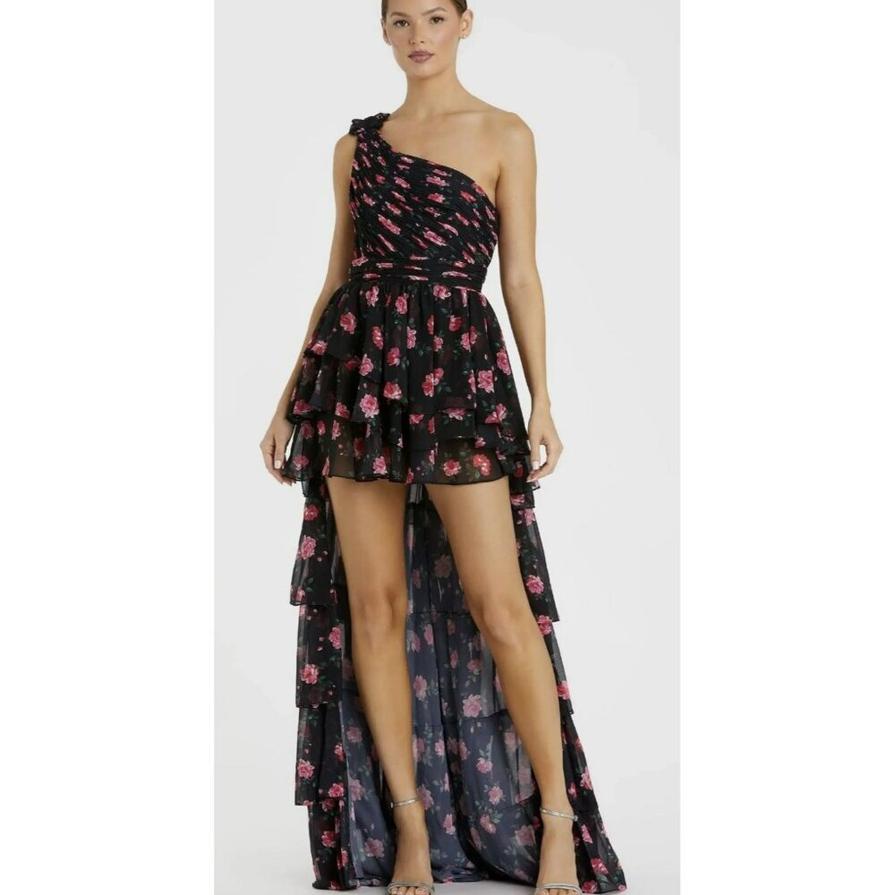 Mac Duggal Black Floral High Low One Shoulder Maxi Dress Gown Sz 4 NWT